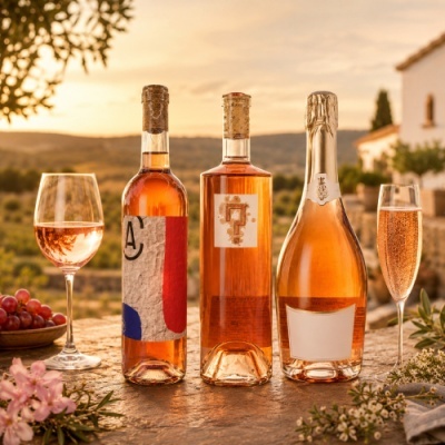 Três garrafas de vinho rosé e dois copos com vinho rosé sobre mesa de pedra ao pôr-do-sol