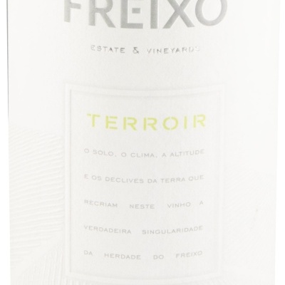 Rótulo branco de vinho FREIXO Terroir 2023 com texto em português