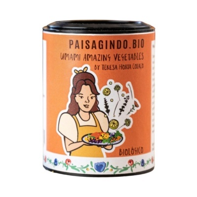 Embalagem cylindrical laranja com ilustração e texto de produto biológico