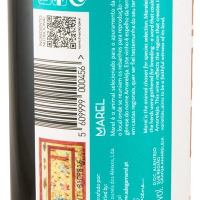 Etiqueta traseira de vinho Marel com informações sobre origem, ingredientes, e volume.