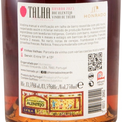 Etiqueta de vinho rosado Talha 2023 DOC Alentejo com texto informativo em português