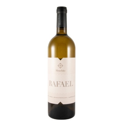 Garrafa de vinho branco Rafael com rótulo branco e tampa preta