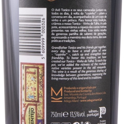 Rótulo traseiro de garrafa de vinho tinto Marel Tonico 2022 com texto descritivo e informações de produção.