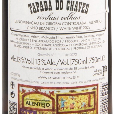 Etiqueta traseira vinho branco Tapada do Chaves 2022 Alentejo 13% 750ml com texto e imagem decorativa