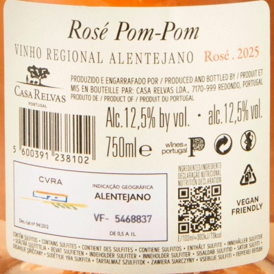 Etiqueta de vinho Rosé Pom-Pom do Alentejo com informação de volume, álcool e ingredientes.