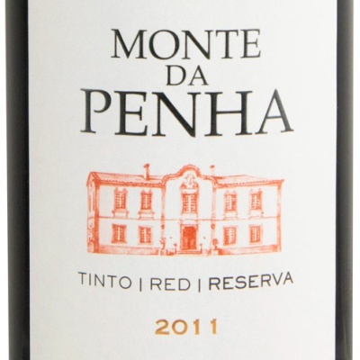 Rótulo de vinho Monte da Penha com texto e ilustração de edifício