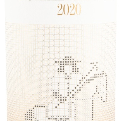 Garrafa de vinho Tapada de Coelheiros 2020 com rótulo branco e ilustração pixelada