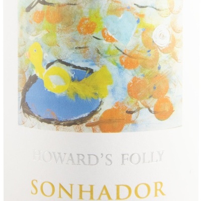 Rótulo de garrafa de vinho Sonhador Branco 2023 com ilustração de pato amarelo e flores laranja.