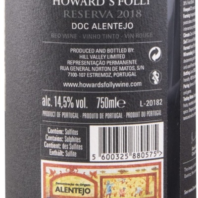 Etiqueta de vinho tinto Howards Folly Reserva 2018 DOC Alentejo com informações de produção e selo de origem