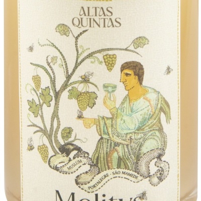 Etiqueta de vinho branco com ilustração e texto Altas Quintas Melitvs