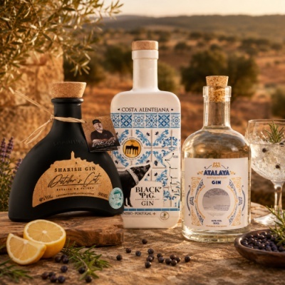 Três garrafas de gin com rótulos distintos sobre pedra, limões cortados e bagas, em ambiente rústico ao ar livre