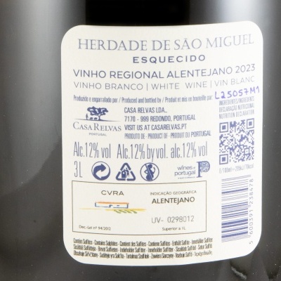 Rótulo de garrafa de vinho branco com texto HERDADE DE SÃO MIGUEL ESQUECIDO VINHO REGIONAL ALENTEJANO 2023