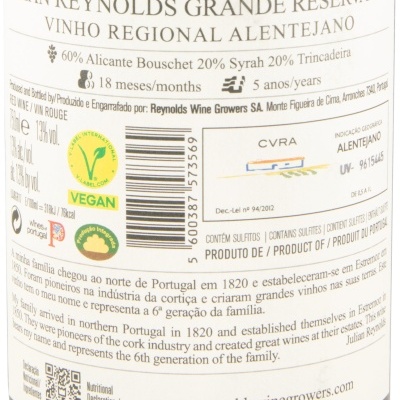 Etiqueta de vinho tinto Julian Reynolds Grande Reserva 2017, Vinho Regional Alentejano