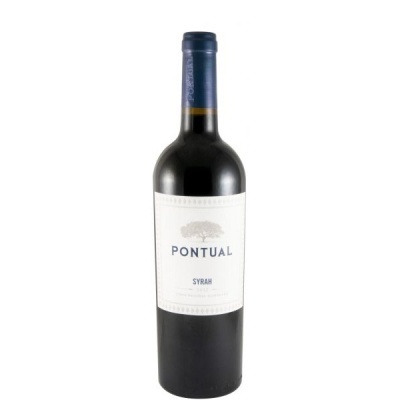 Garrafa de vinho tinto PONTUAL Syrah com rótulo branco e azul