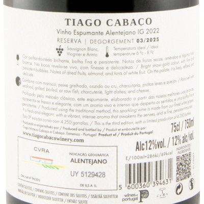 Rótulo vinho espumante Tiago Cabaço branco 75 cl texto detalhado
