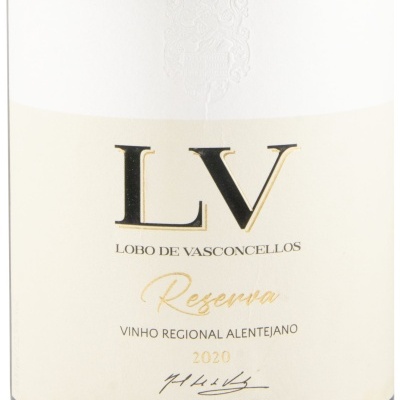 Rótulo de vinho branco com texto LV LOBO DE VASCONCELLOS Reserva VINHO REGIONAL ALENTEJANO 2020