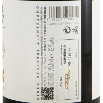 Etiqueta de vinho Vinho Regional Alentejano com informações de volume, álcool e sulfitos