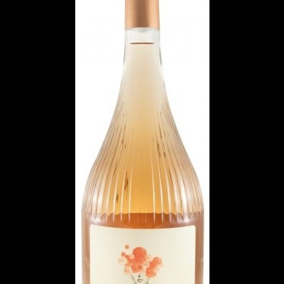 Garrafa de vinho rosé Pom-Pom com tampa cobre e rótulo branco