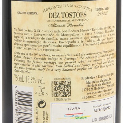 Rótulo de vinho tinto Dez Tostões da Herdade da Maroteira com detalhes do produto