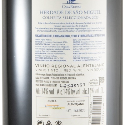 Rótulo de garrafa de vinho tinto Casa Relvas Herdade de São Miguel 2023