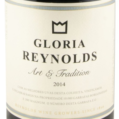 Rótulo de vinho Gloria Reynolds 2014 com texto em fundo creme e moldura azul dourada
