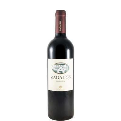 Garrafa de vinho tinto ZAGALOS Reserva 20 com rótulo branco e cápsula castanha