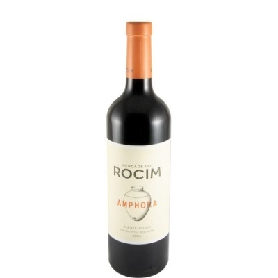 Garrafa de vinho tinto Herdade do Rocim Amphora com rótulo branco e tampa laranja