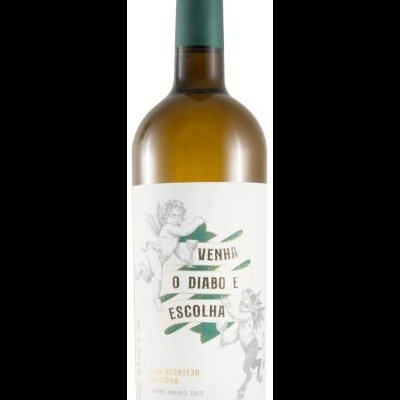 Garrafa de vinho branco com rótulo branco e texto verde com ilustrações de anjos