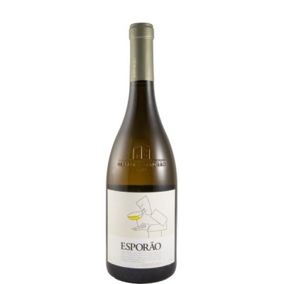 Garrafa de vinho branco Esporão com rótulo branco e cápsula dourada
