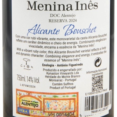 Rótulo de vinho Menina Inês Alicante Bouschet Reserva 2024 com texto em português e inglês, selo Alentejo e código QR.