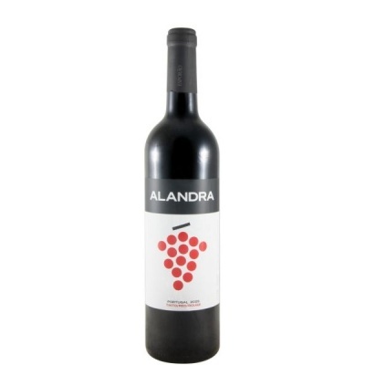 Garrafa de vinho tinto ALANDRA com rótulo branco e cinzento e cacho de uvas vermelho