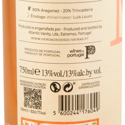 Rótulo traseiro de garrafa de vinho rosé DOC Alentejo com informações de produção e composição