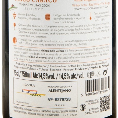 Rótulo de vinho tinto Tiago Cabaço com informações de produção e características