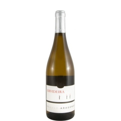 Garrafa de vinho branco Ervideira Iri Aragonês com rótulo branco