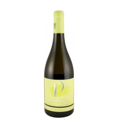 Garrafa de vinho branco com rótulo amarelo claro e cápsula verde