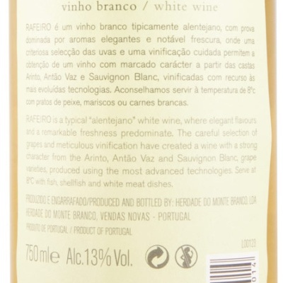 Etiqueta traseira de vinho branco da Herdade do Monte Branco com texto descritivo e dados do produto