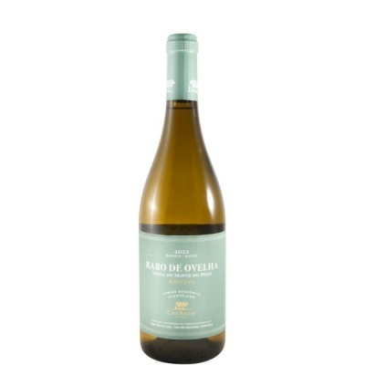 Garrafa de vinho branco com rótulo verde claro Rabo de Ovelha