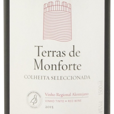 Etiqueta de vinho Terras de Monforte com texto e logotipo de torre