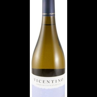 Garrafa de vinho branco Vicentino Sauvignon Blanc 2023 com rótulo branco e tampa preta.
