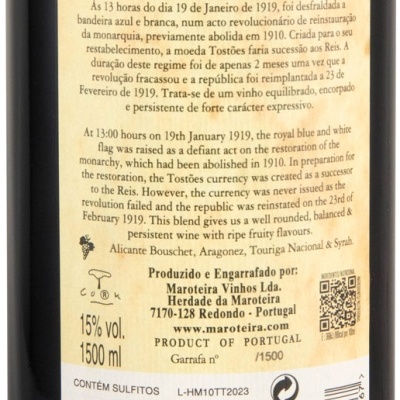 Rótulo de vinho tinto DEZ TOSTÕES 2023 com detalhes de produção e teor de álcool