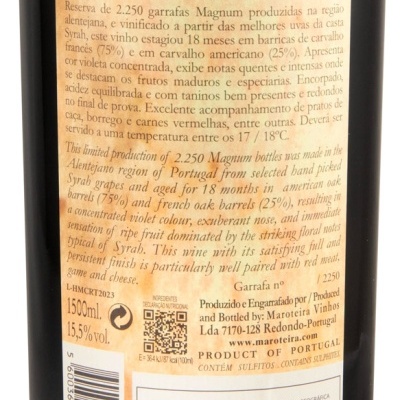 Rótulo de vinho tinto Syrah CEM REIS de 1500 ml com informações de produção e região Alentejo