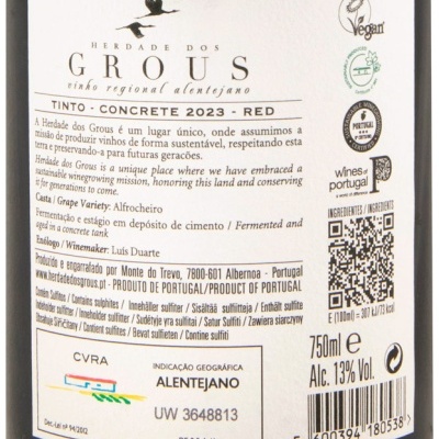Rótulo traseiro de vinho tinto Herdade dos Grous Concrete 2023 com indicação geográfica Alentejano
