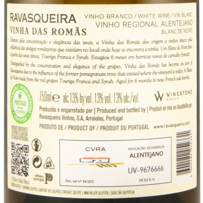Etiqueta de vinho branco Ravasqueira Vinha das Romãs com texto e certificações
