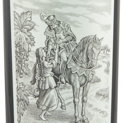 Rótulo vinho tinto Pêra-Manca 2019 Évora DOC Alentejo com ilustração de homem a cavalo e mulher.