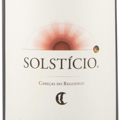 Rótulo de vinho Solstício com design de sol e lua preto em fundo branco