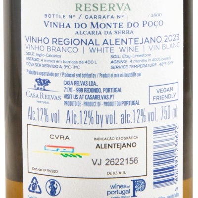 Etiqueta traseira de garrafa de vinho branco Reserva Rabo de Ovelha da Casa Relvas, Alentejo, 12% álcool, 750 ml.