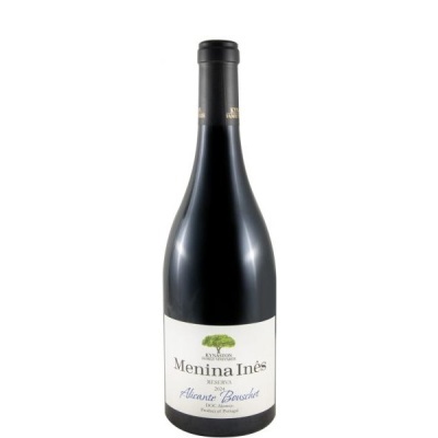 Garrafa de vinho tinto Menina Inês Reserva 2021 com rótulo branco e texto em preto e azul