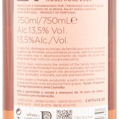 Etiqueta traseira de vinho rosé Alentejano 2023 com informações de produção e álcool.