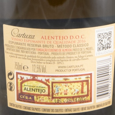 Rótulo de garrafa de Vinho Espumante Cartuxa Alentejo D.O.C. 2016