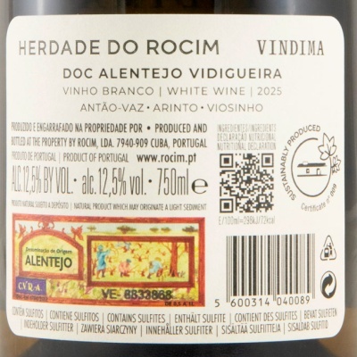 Etiqueta traseira de garrafa de vinho branco Herdade do Rocim Vindima